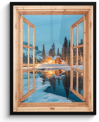 Poster in lijst - Fotolijst 50x70 cm - Posters - Winterlandschap - Natuur - Huis - Bergen - Doorkijk - Raam - Posterlijst zwart - Decoratie - Wanddecoratie woonkamer - Muurdecoratie slaapkamer