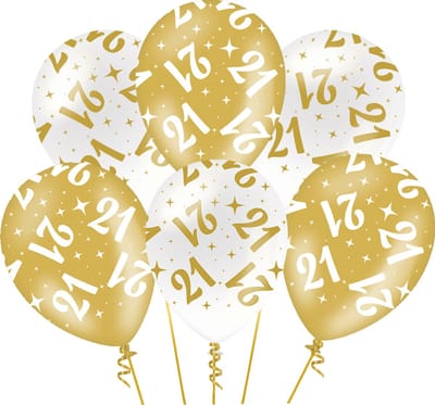 Ballonnen Fancy - 21 jaar - Wit-Goud - 6 stuks