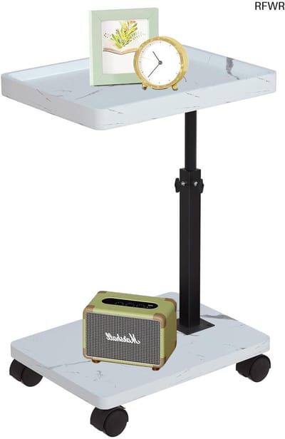 RFWR® Verstelbare Bijzettafel met Wieltjes – C-Vormige Houten Tafel met 360° Draaibaar Blad – Compacte Salontafel voor Woonkamer