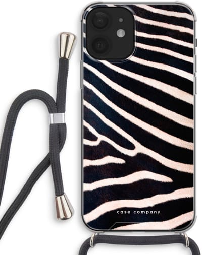 Case Company® - Hoesje met koord geschikt voor iPhone 12 mini hoesje met Koord - Zebra - Telefoonhoesje met Zwart Koord - Bescherming aan alle Kanten en Over de Schermrand