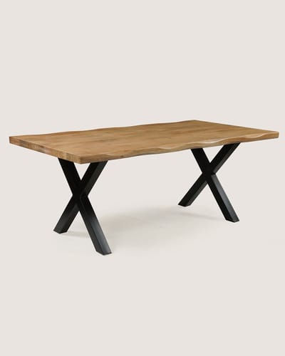 Rechthoekige Boomstam Eettafel 220 cm Mangohout – Zwart Metalen X-Poot – Industrieel – 8-10 Personen