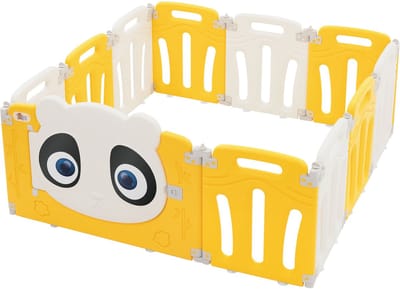 Kinderbox Babybox 120x120 cm Wit, Geel Panda Opvouwbaar Kruipbox Joyz