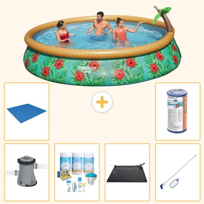 Bestway Rond Opblaasbaar Fast Set Zwembad - Paradijsprint - 457 x 84 cm - Inclusief Pomp - Onderhoudspakket - Solar Mat - Schoonmaakset - Grondzeil - Filter - 7-delig
