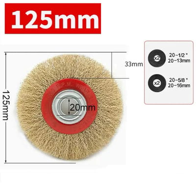 Staalborstel - Draadborstel - 125 mm - ø 20 mm - Schuurborstel - Staalborstel boormachine - Schijfborstel - Messingdraad golvend - Inclusief reduceerringen van verschillende maten