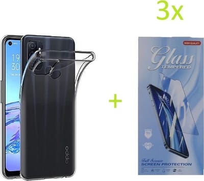 Hoesje Geschikt voor: Oppo A53 4G / A53S Transparant TPU Silicone Soft Case + 3X Tempered Glass Screenprotector