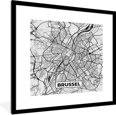 Fotolijst incl. Poster Zwart Wit- België – Brussel – Stadskaart – Kaart – Zwart Wit – Plattegrond - 40x40 cm - Posterlijst