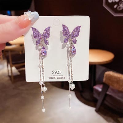 2 stuks Eid al Adha - Elegant Moment Strass Vlinder Lange Parel Kwast Oorbellen Oorknopjes Een Twee Dragen Damesaccessoires PURPLE white