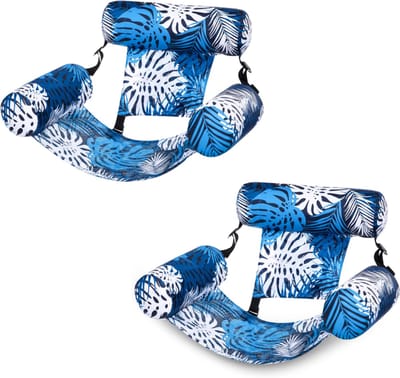 2 stuks-Opblaasbare zwembadstoelen voor volwassenen, opblaasbare loungebank voor in het zwembad, drijvende mat met plantenpatroon, opblaasbare waterstoelen-blauw