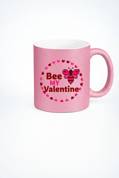 Roze Glitter Mok met 'Bee My Valentine' Bij & Harten | Valentijnscadeau