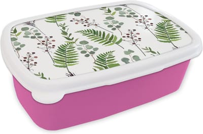 Broodtrommel Roze - Lunchbox - Brooddoos - Planten - Patronen - Bladeren - Kruiden - 18x12x6 cm - Kinderen - Meisje