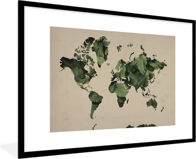 Poster in lijst - Fotolijst 90x60 cm - Posters - Wereldkaart - Bladeren - Groen - Posterlijst zwart - Decoratie - Wanddecoratie woonkamer - Muurdecoratie slaapkamer