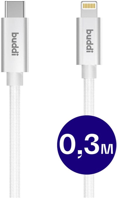 Buddi Flex | USB-C naar Lightning Kabel 20W Fast Charge | Power Delivery | 480Mbps Dataoverdracht | Gevlochten Nylon | 0,3M | Korte kabel | Wit