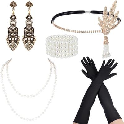 Flapperstijl parelset voor dames met hoofdband, handschoenen, ketting, armband en oorbellen voor vintage Halloween-kostuums en feestjes