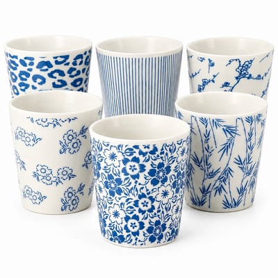 Koffiekopjes Set van 6 – Keramische Koffiemokken 200 ml Zonder Oor – Blauw Wit Stapelbaar – Espresso Kopjes Cappuccino Bekers en Theekopjes