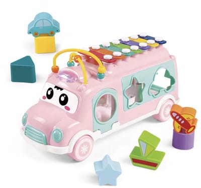 Playos® - Muzikale Bus - met Xylofoon - Roze - Vormenstoof - Kralenspiraal - Vormen en Kleuren Herkennen - Auto Sorteerder - Babyspeelgoed - Educatief Speelgoed