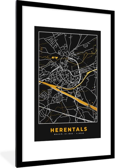 Fotolijst incl. Poster - Stadskaart - Plattegrond - Kaart - Goud - Herentals - 80x120 cm - Posterlijst