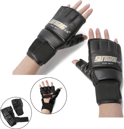 Okado Vechtsporthandschoenen Zwart – MMA Handschoenen 4 oz met Open Vingers – Kunstleren Trainingshandschoenen voor Boksen, Thaiboksen, Muay Thai en Freefight