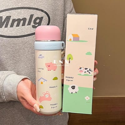 Tasse Thermos Cartoon pour Enfants Spécial École Tasse à Eau Isolée en Acier Inoxydable avec Corde pour Étudiants Tasse Portable de Haut Niveau d'Apparence 500ml