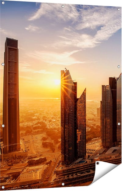 Gards Tuinposter Dubai Stad bij Zonsopgang - 90x120 cm - Tuindoek - Tuindecoratie - Wanddecoratie buiten - Tuinschilderij