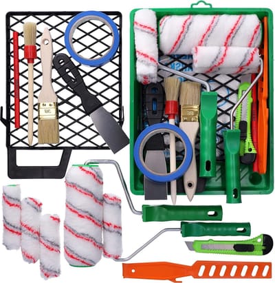 Schilderset 2x verfrollenset - 2x schilderkwast - schilderband - verfbak - verfroller - verfroerstaaf - afbreekmes - timmermanspotlood - schilderspatel met ToolSpace.
