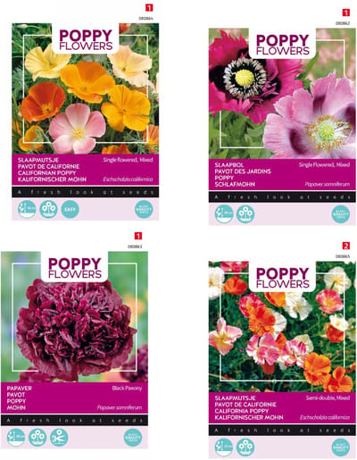 Poppy / Klaprozen zaden set van 4 soorten | Papaver Slaapbol | Papaver Black Paeony | Slaapmutsje | Slaapmutsjes Dubbelbloem | Set je tuin vol met bloemen!