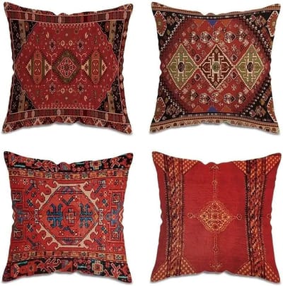 Set van 4 Levendige Orintaalse Ikat Kussenhoezen - Kleurrijke Geometrische & Stamborduurpatronen - Decoratieve Kussenhoes voor Woonkamerbank - 45x45 cm Linnen Kussenhoes
