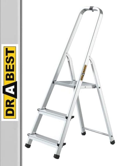 Huishoudladder Aluminium - Trapladder - Huishoudelijke taken - Met veiligheidsrail - 3 treden - Aluminiumkleurig