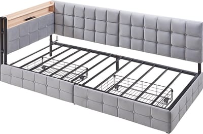 Komhtom 90 X 200 Gestoffeerde slaapbank, gestoffeerd bed met 2 lades en LED-nachtlampje, USB- en Type-C-aansluiting, multifunctioneel bootbed voor kinderen, grijze eenpersoons slaapbank