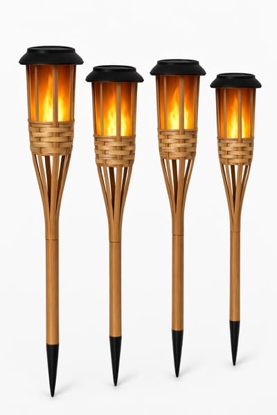HOB Tuinverlichting - Solar Tuinfakkels - Padverlichting - 4 Stuks - Bamboe Look - Weersbestendig - Tuinlampen - Vlameffect