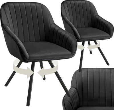 tectake® - Draaibare eetkamerstoel met armleuningen - Ergonomische kuipstoel met fluwelen bekleding - Gewatteerd - Draaistoel voor woonkamer, eettafel, studeerkamer, kaptafel en keuken - Set van 2 - Zwart