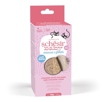 36x55g Schesir Baby Kip met Zalm en Kippenlever nat kattenvoer