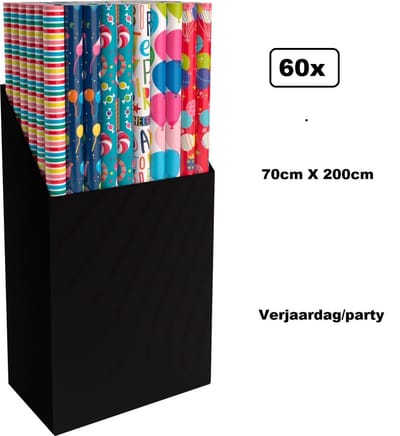 60x Rol inpakpapier 70cm x 200cm Verjaardag/party assortie - Feest thema party inpakken kado verschillende dessins papier