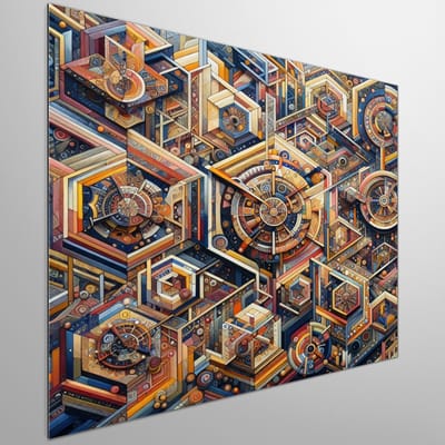Olieverf escher schilderij | Escheriaanse olieverfschildering: een surrealistisch spel van illusies en vormen | Kunst - 60x60 centimeter op Dibond | Foto op Dibond