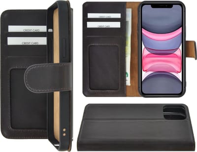 Geschikt voor iPhone 12 hoesje - Bookcase - Portemonnee Hoes Echt leer Wallet case Donker Bruin