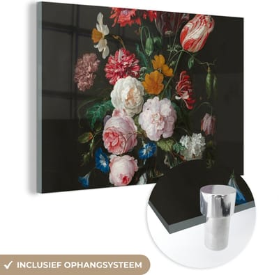 MuchoWow® Glasschilderij 120x80 cm - Schilderij acrylglas - Stilleven met bloemen in een glazen vaas - Schilderij van Jan Davidsz. de Heem - Foto op glas - Schilderijen