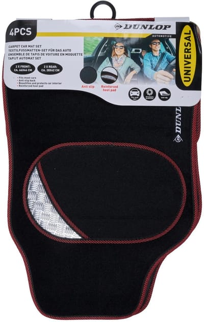 Dunlop Automatten Set - 4 Stuks - 2 Auto Vloermatten 66 x 44 CM - 2 Auto Matten 28 x 42 CM - Versterkt Hiel Kussen - Anti-Slip - Zwart/Rood