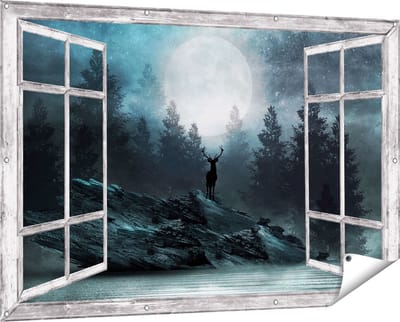 Gards Tuinposter Doorkijk Hert op een Rots tijdens Volle Maan - 150x100 cm - Tuindoek - Tuindecoratie - Wanddecoratie buiten - Tuinschilderij