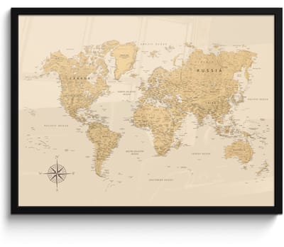 Poster in lijst - Fotolijst 80x60 cm - Posters - Wereldkaart - Realistisch - Beige - Posterlijst zwart - Decoratie - Wanddecoratie woonkamer - Muurdecoratie slaapkamer