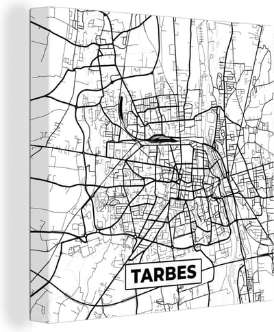 Canvas Schilderij Kaart - Tarbes - Frankrijk - Stadskaart - Plattegrond - Zwart wit - 20x20 cm - Wanddecoratie