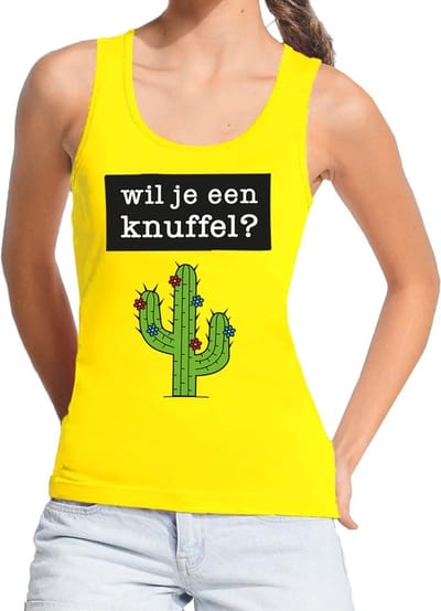 Wil je een Knuffel tekst tanktop - mouwloos shirt - geel - dames - dames singlet Wil je een Knuffel? S
