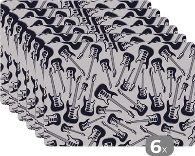 Placemat - Placemats kunststof - Gitaar - Patronen - Zwart Wit - 45x30 cm - 6 stuks - Hittebestendig - Anti-Slip - Onderlegger - Afneembaar