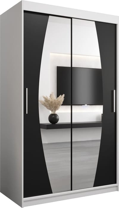InspireMe - Kledingkast met 2 schuifdeuren, Modern-stijl, Een kledingkast met planken en een spiegel (BxHxD): 120x200x62 - GLOBE 120 Wit Mat + Zwart