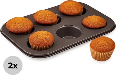 Lomera Muffinbakvorm - 12 Muffins - Cupcakevormpjes - Non-Stick - Koolstofstaal - Set Van 2 - Krasvast - Lovers Serie - Bakvormen - Chocolade Kleur - Taupe Kleur - Bak Accessoires