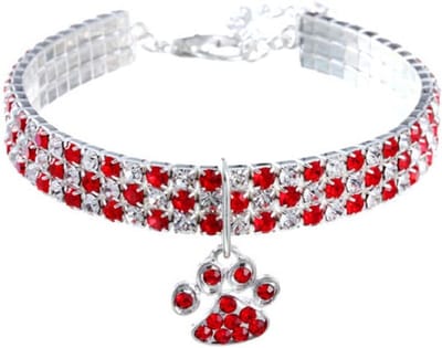 Huisdierhalsband met diamanten, verstelbare kristallen diamant, elastische hartvormige klauw hanger, bruiloft kat en hond, kleine huisdier ketting sieraden（Rood, S）