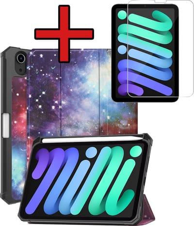 Hoesje - Geschikt voor Apple iPad Mini 7 (2024) - 8.3 inch - 7e Generatie - Met Screenprotector - Trifold Bookcase Hoes - Hard Cover Case - Met Uitsparing Geschikt voor Apple Pencil - Hardcover Book - Tablethoes - Galaxy