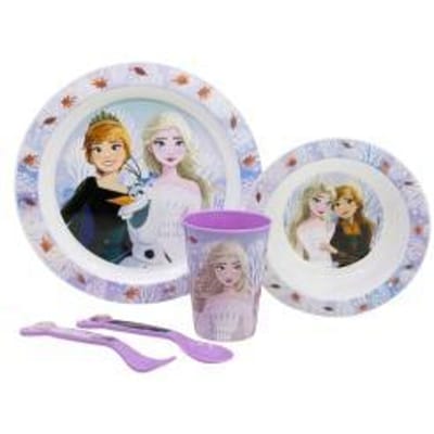 Disney's Frozen Kinderservies - 5-delig - Herbruikbaar - Inclusief bord, kom, bestek en beker - Vaatwasser- en microgolfbestendig & BPA-vrij - Wit/Violet