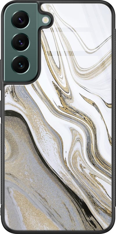 Hoesje geschikt voor Samsung Galaxy S22 - Marmer wit goud - Luxe Glazen Hardcase - Print / Illustratie - Goud