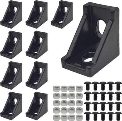 10-delige set L-vormige hoekbeugels van aluminium met 20 M5 T-slotmoeren en 20 M5 zeskantbouten voor 6mm T-slot rails en extrusieprofielen