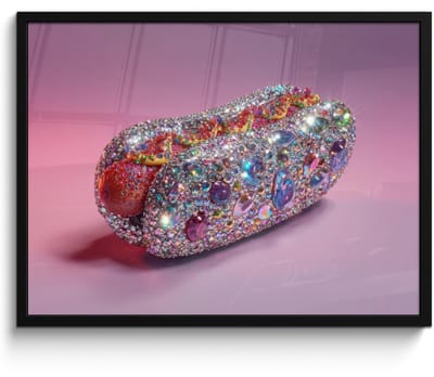 Poster in lijst - Fotolijst 80x60 cm - Posters - Hotdog - Steentjes - Glitters - Paars - Posterlijst zwart - Decoratie - Wanddecoratie woonkamer - Muurdecoratie slaapkamer