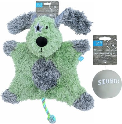 lief! Boys Hondenspeelgoed Set – Pluche Hond XXL met Piep + Latex Bal met Geluid – 45x35 cm – Grijs/Groen – Puppy & Hond Speelgoed - Groen